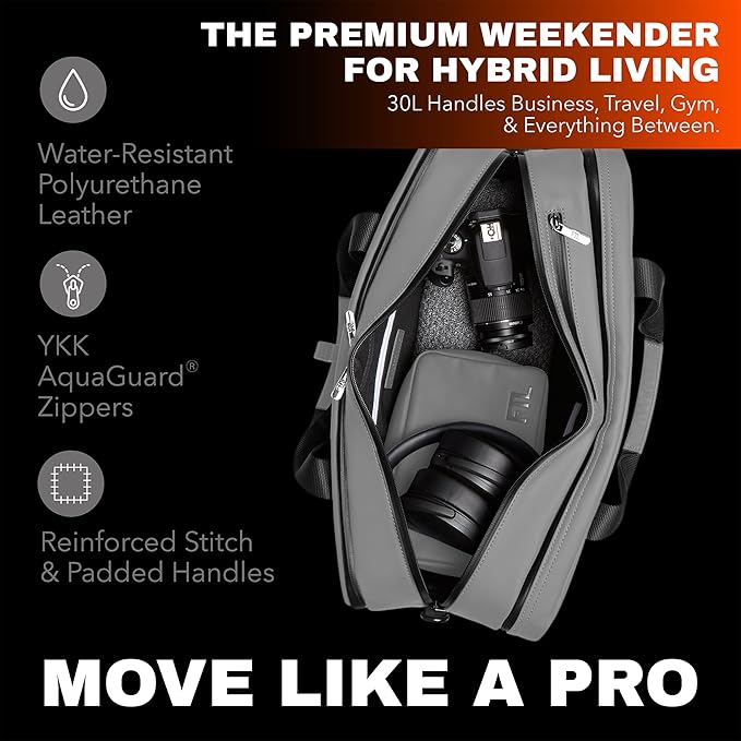 The FTL Pro Mens Travel Bag - 30L Premium Work to Gym Weekender Duffel with Garment Bag, Shoe Space & 18" Laptop Sleeve - Organized Athletic Business Carry On Hybrid, Fits Under Airplane Seat - Grey