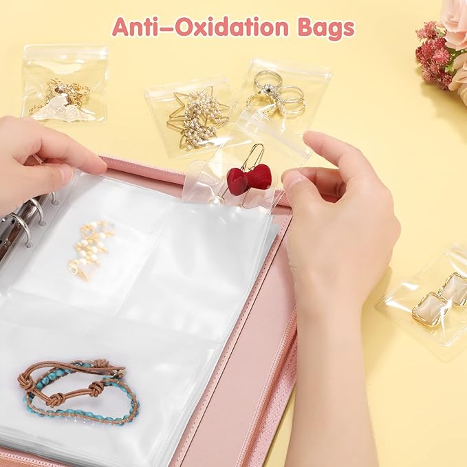 Jewelry Travel Organizer Case, PU Leather Portable Jewelry Storage Book with Transparent Pockets Zipper Bag for Necklaces, Earrings, Bracelets(48 Grids+48 Thicken PVC Bags), Rose Gold