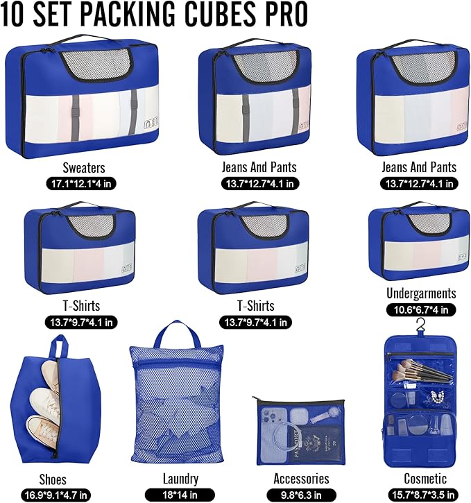 Veken 10 Set Packing Cubes for Travel Essential, Suitcase Organizer Bags in 4 Sizes, Carry-On Luggage Accessories with Large Laundry & Hanging Toiletry Bag, Must-Have for Airplane, Road Trip & Camping