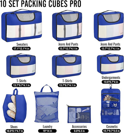 Veken 10 Set Packing Cubes for Travel Essential, Suitcase Organizer Bags in 4 Sizes, Carry-On Luggage Accessories with Large Laundry & Hanging Toiletry Bag, Must-Have for Airplane, Road Trip & Camping