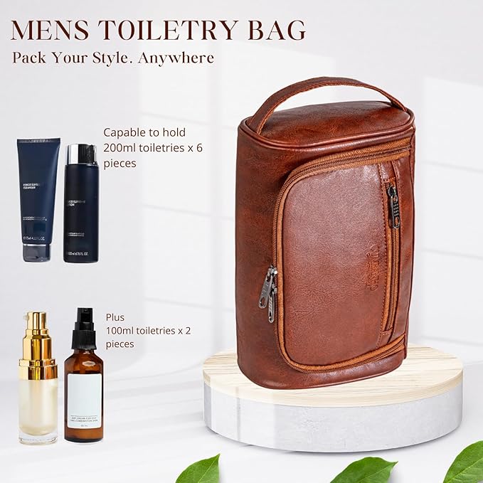 Mens Toiletry Bag, Water-resistant Dopp Kit For Men Travel, PU Leather Toiletries Bag Shaving Kit, Compact Organizer With Wrist Strap, Grooming Essentials For Vacation, Gym & Camping，Rust
