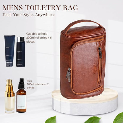 Mens Toiletry Bag, Water-resistant Dopp Kit For Men Travel, PU Leather Toiletries Bag Shaving Kit, Compact Organizer With Wrist Strap, Grooming Essentials For Vacation, Gym & Camping，Rust