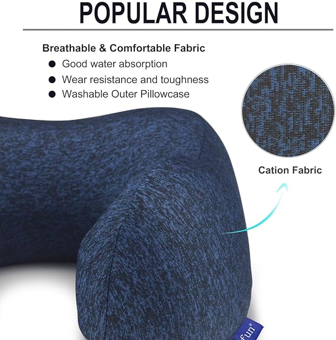 napfun Neck Pillow for Traveling, Upgraded Travel Neck Pillow for Airplane 100% Pure Memory Foam Travel Pillow for Flight Headrest Sleep, Portable Plane Accessories, Full Dark Blue