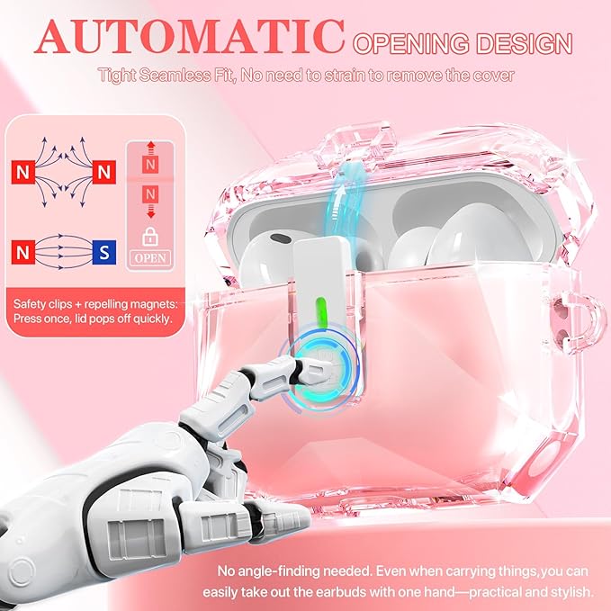 R-fun for AirPods Pro 3 Case (2025) Cover with Cleaning Kit, Military-Grade Shockproof Transparent Non-Yellowing, Auto Pop-Up Lid Design for AirPods Pro 3rd Generation Case, Clear Pink