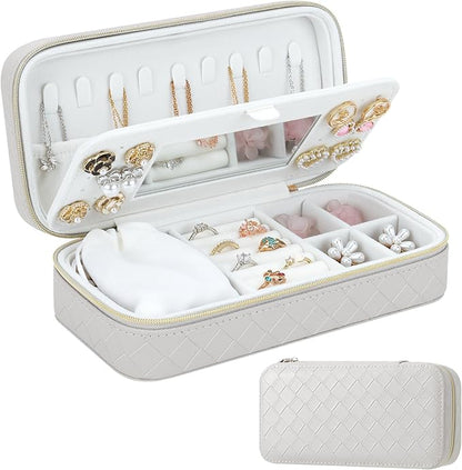 DesignSter Jewelry Organizer, Small Portable Travel Jewelry Storage for Women, Woven Embossed PU Jewelry Case with Mirror for Ring Earring Necklace Bracelet