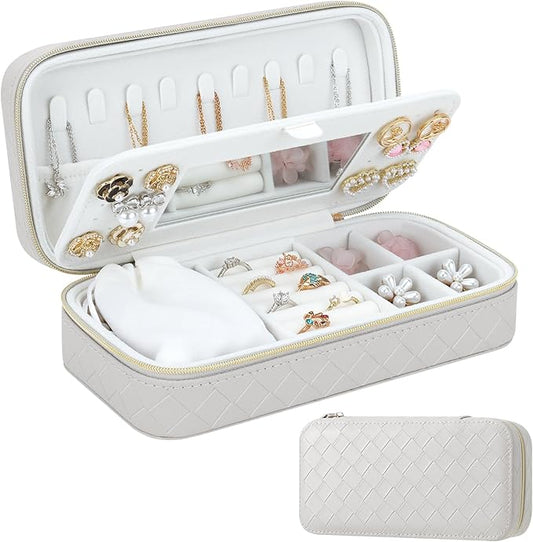 DesignSter Jewelry Organizer, Small Portable Travel Jewelry Storage for Women, Woven Embossed PU Jewelry Case with Mirror for Ring Earring Necklace Bracelet