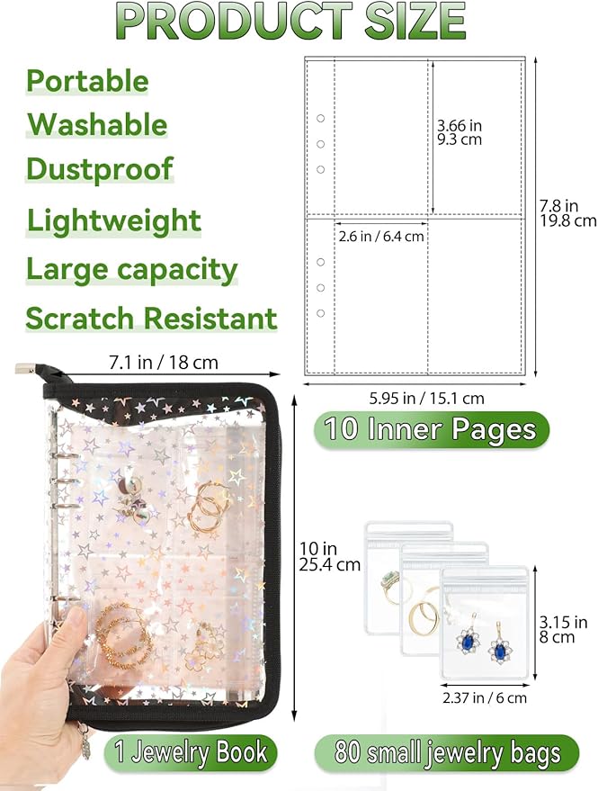 Earring Organizer Case Travel Jewelry Storage Book Clear with Small Zippered Pouch (Black, With 80 Pcs small Jewelry Pouches)