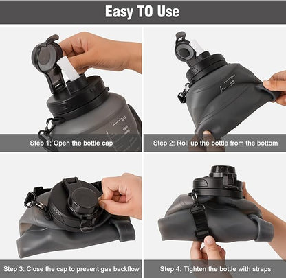 Collapsible Water Bottles, 2L/64OZ travel water bottle Bottle with Straw, Half Gallon Large Water Bottle for Travel Outdoor Sports Runing Fitness Yoga (Upgraded black)