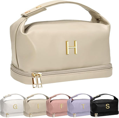 Makeup Bag with Handle, Waterproof Double Layer Cosmetic Bag, Large Capacity PU Leather Makeup Bags Letter Travel Toiletry Bag with Makeup Brush Organizer