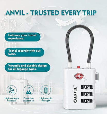 ANVIL TSA Approved Luggage Locks – High Security TSA008 Combination Travel Locks with Inspection Indicator for Suitcases and Backpacks. (4, White)