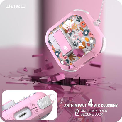 WENEW Case for AirPods 4th Case Cover Secure Lock Automatic Snap Switch Clip Cleaner Kit Lanyard Women Stylish Flower Armour Hard Shell Full Body Front LED Visible (Pink Flower, AirPods 4th)