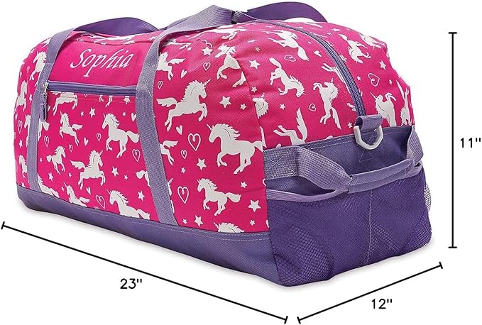 Lillian Vernon Personalized Duffel Bag for Kids, Roomy Pink Unicorn Weekender With Front & Side Compartment, Customizable Girls Sports & Travel Bags With Custom Name, 11" x 12" x 23"