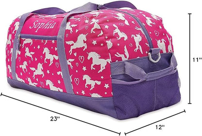 Lillian Vernon Personalized Duffel Bag for Kids, Roomy Pink Unicorn Weekender With Front & Side Compartment, Customizable Girls Sports & Travel Bags With Custom Name, 11" x 12" x 23"