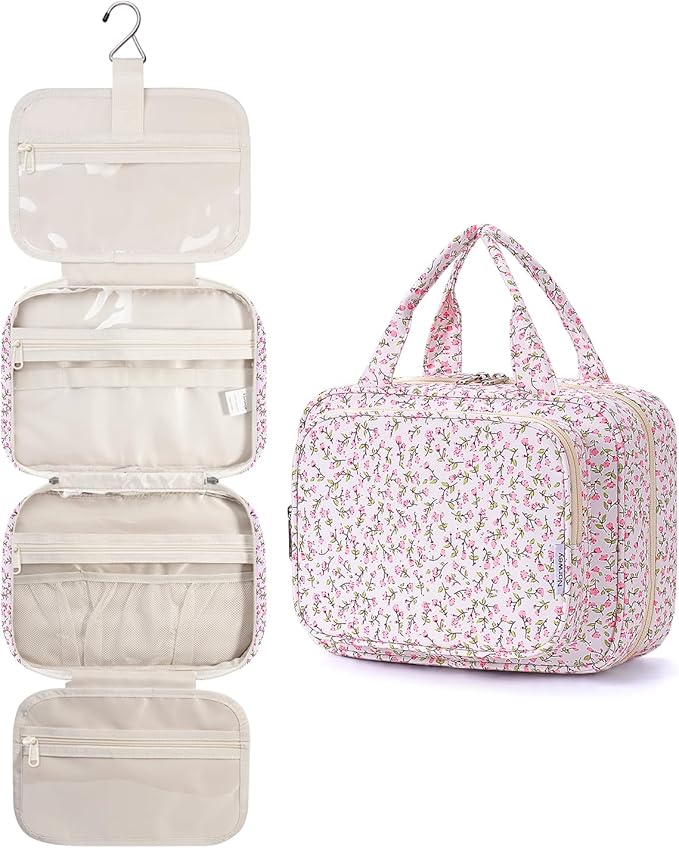 Narwey Hanging Toiletry Bag for Women Travel Makeup Bag Organizer Toiletries Bag for Travel Size Essentials Accessories Cosmetics (Green Leaves and Flower (Medium))