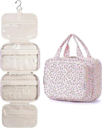 Narwey Hanging Toiletry Bag for Women Travel Makeup Bag Organizer Toiletries Bag for Travel Size Essentials Accessories Cosmetics (Green Leaves and Flower (Medium))