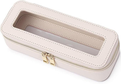 Pinkmik Makeup Brush Case Clear Travel Cosmetic & Toiletry Bag Small Makeup Bag with Zipper Purse Organizer Car Essential Bag for Women (Beige, SLIM)