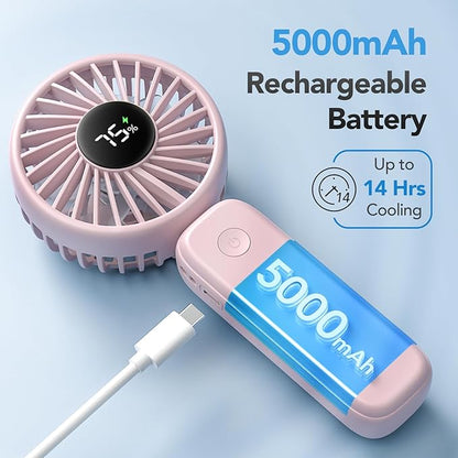 PANERGY Portable Handheld Fan, 5000mAh Rechargeable, 14H Max Cooling Time, 4 Gear Wind & LED Display, 90° Foldable Design, 3-IN-1 Mini Fan for Travel Working Concerts Makeup - Pink