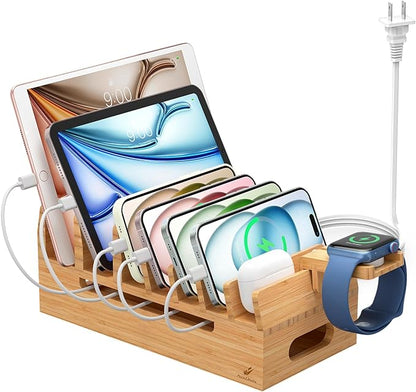 Pezin & Hulin Bamboo Charging Station with Watch Stand, Docking Holder for Multi Device with 5 Port USB Charger HUB, 5 Charge Cables, Desktop Electronic Organizer for Cellphone, Tablet, Watch
