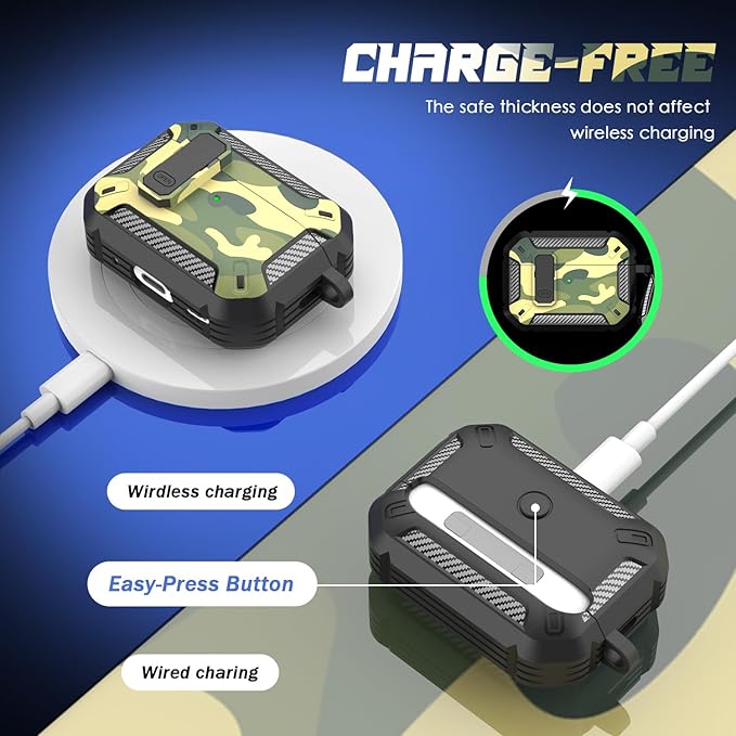 RFUNGUANGO for AirPods Pro 2nd Gen Case with Cleaning Kit, Military Hard Case Protective Armor with Lock, for AirPod Gen 2 Charging Case (2023/2022/2019, 2nd Gen/1st Gen),Rainforest Camouflage