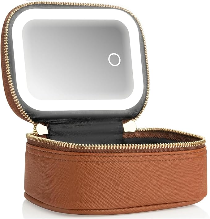 Small Makeup Bag with Led Mirror, Mini Travel Make up Bag 3 Light Modes Adjustable Brightness, for Women Organizer Cosmetic Bag, Portable Travel Train Toiletry Bag, for Pool Parties Work Touch-Ups