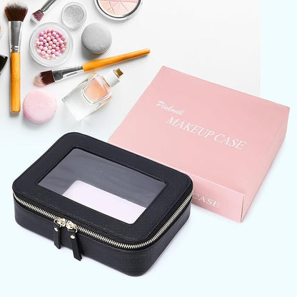 Pinkmik Clear Makeup Bag for Women Waterproof Travel Cosmetics and Toiletries Case Portable Makeup Oaganizer Bag Clear Car Bag with Zipper (Black, M)