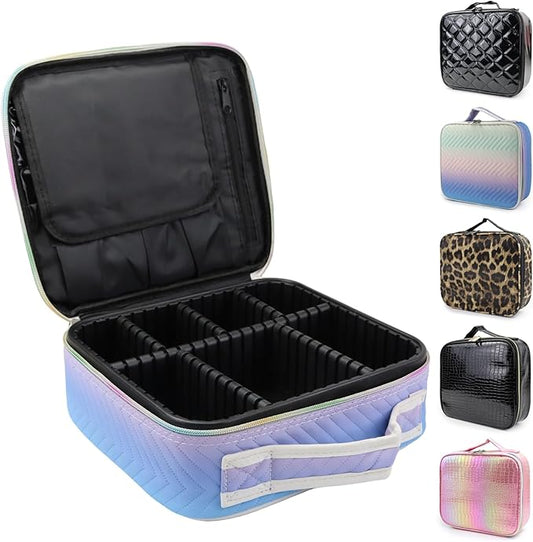 Travel Makeup Case 4 Layers Portable Makeup Train Case Cosmetic Bag Organizer Storage for Women with Adjustable Dividers and Shoulder Strap for Toiletry Travel Accessories(gradient purple)
