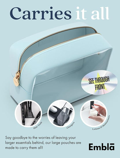 Embla London Makeup Bag Cosmetic Case, Clear Zipper Make Up Pouch and Toiletry Travel Tote, Cute Skincare Pouches for Women Girls, Preppy Purse Cosmetic Organizer, Large Makeup Bags, Sky Blue