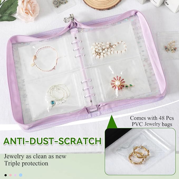Jewelry Organizer Storage Case Travel Clear Earring Organizer Case Transparent Jewelry Storage Book with Small Clear Zippered Pouch (Purple, with 48 Pcs large Jewelry Pouches)