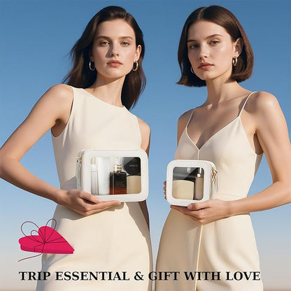 Clear Makeup Bag, Travel Toiletry Bag Cosmetic Case for Women, Waterproof Portable Make Up Skincare Pouch with Zipper, Compact Car Organizer Bag for Essentials, Mini & Medium, Ivory White