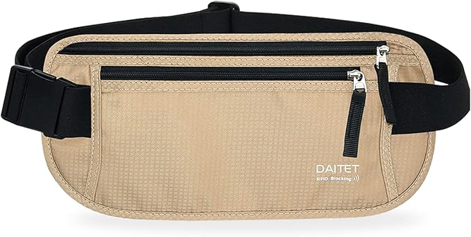 RFID Blocking Money Belt for Men Women, Slim Fanny Pack For Travel，Running,Conceal Waist Wallet For Passport Holder,Phone,Cash(Black Beige), Black Beige