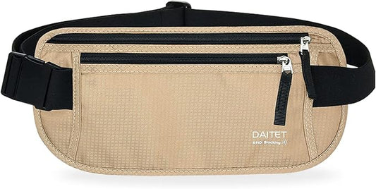 RFID Blocking Money Belt for Men Women, Slim Fanny Pack For Travel，Running,Conceal Waist Wallet For Passport Holder,Phone,Cash(Black Beige), Black Beige
