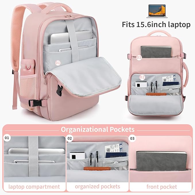 ZOMFELT Travel Backpack for Women Men, Carry On Backpack, TSA 15.6inch Laptop Backpack Flight Approved, Personal Item Travel Bag Nurse Bag Casual Daypack for Weekender Business Trip, Pink