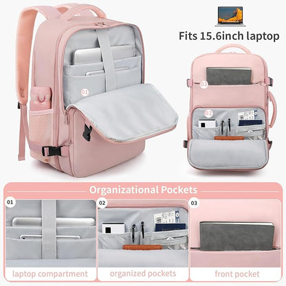 ZOMFELT Travel Backpack for Women Men, Carry On Backpack, TSA 15.6inch Laptop Backpack Flight Approved, Personal Item Travel Bag Nurse Bag Casual Daypack for Weekender Business Trip, Pink