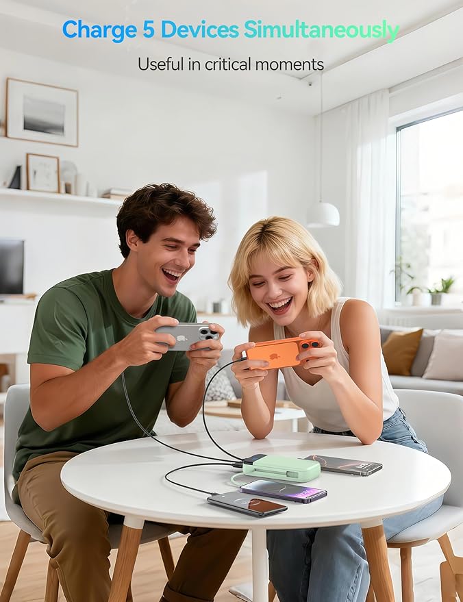 Portable Charger Power Bank 32000mAh with Built in Cables, PD3.0 USB C Fast Phone Charger, 5 Outputs LCD Display Travel Battery Pack Compatible with iPhone, Samsung All Cell Phones (Green)