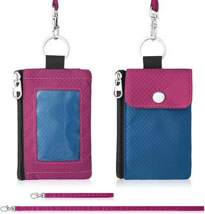 Minimalist Wallet For Mens Womens, Keychain RFID Blocking Zipper Small Wallet with ID Window 2 Lanyards,Water Resistant Travel Cash Card Coin Case Boys Girls