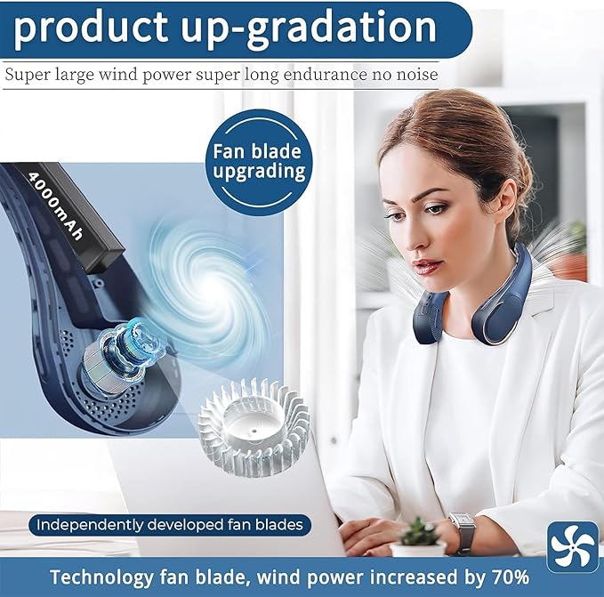 Neck Fan, USB Rechargeable Personal Fan, 4000 mAh Battery Operated, 3 Speeds Adjustable, Faster Cooling, Ultra Quiet, Suitable for Home, Office, Travel, Sports