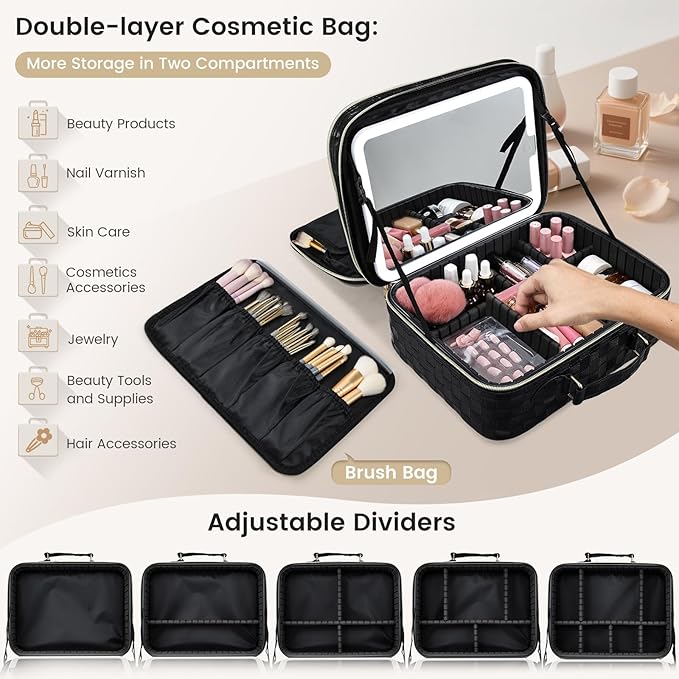Makeup Bag with LED Lighted Mirror 12.2 IN Travel Double Layer Makeup Case Adjustable Brightness in 3 Colors Cosmetic Organizer Artist Storage with Dividers Brush Holder Vanity Black Checkerboard