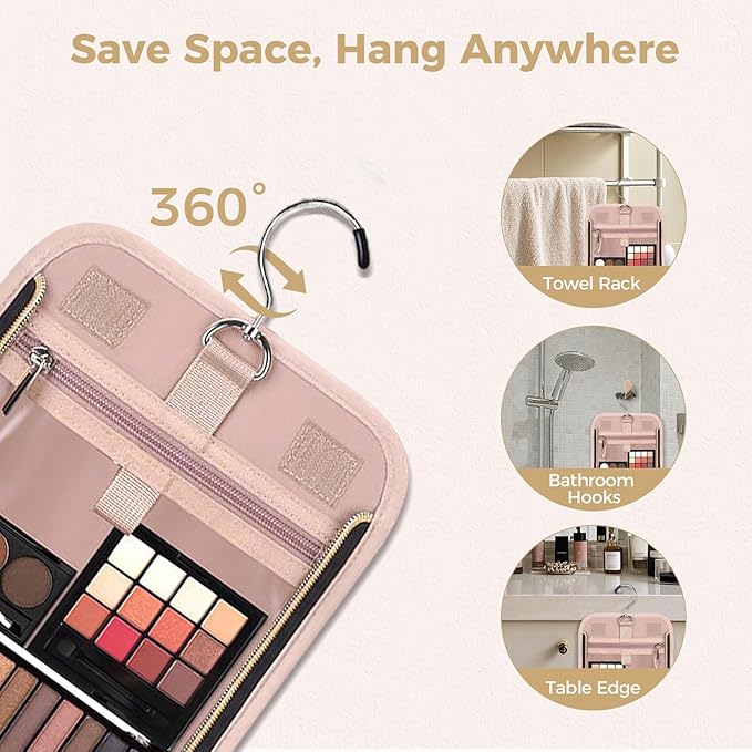 Hanging Toiletry Bag & Makeup Bag for Women with Jewelry Organizer - TSA Approved Large Capacity Travel Cosmetic Organizer, Waterproof Shower Essentials Case with Transparent Pockets, Pink