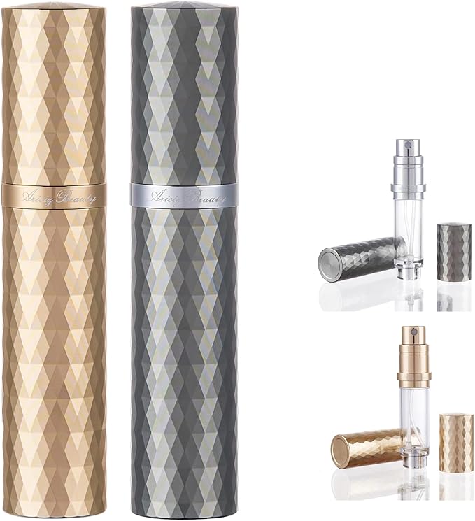 Travel Refillable Perfume Atomizer 0.17fl.oz/5ml. Cologne Pocket Recyclable Portable Sprayer Bottle. Mini Scent Pump Case Dispenser Perfume Container (GREY+GLOD)