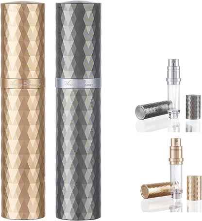 Travel Refillable Perfume Atomizer 0.17fl.oz/5ml. Cologne Pocket Recyclable Portable Sprayer Bottle. Mini Scent Pump Case Dispenser Perfume Container (GREY+GLOD)