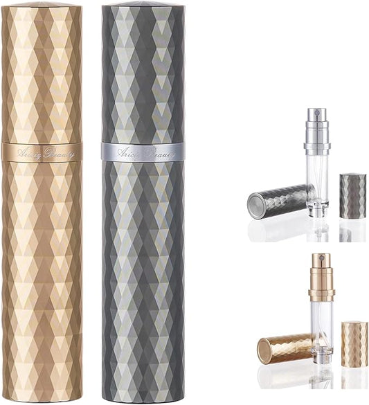 Travel Refillable Perfume Atomizer 0.17fl.oz/5ml. Cologne Pocket Recyclable Portable Sprayer Bottle. Mini Scent Pump Case Dispenser Perfume Container (GREY+GLOD)