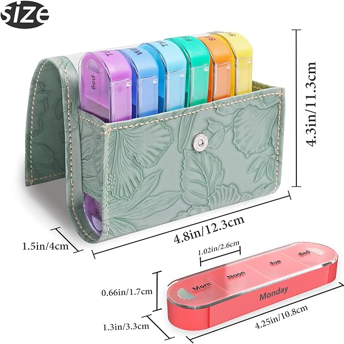 Pill Organizer,LIZIMANDU Weekly Travel Pill Case Box Medication Reminder Daily AM PM, Day Night 7 Compartments,for 4 Times A Day, 7 Days a Week-Includes Leather PU Carrying Case(1-Carved Green)
