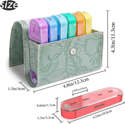 Pill Organizer,LIZIMANDU Weekly Travel Pill Case Box Medication Reminder Daily AM PM, Day Night 7 Compartments,for 4 Times A Day, 7 Days a Week-Includes Leather PU Carrying Case(1-Carved Green)
