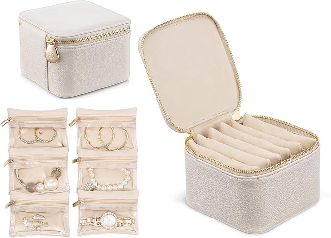 Vlando Travel Jewelry Box Organizer - 6 Small Velvet Zipped Pouches Pockets for Jewelries Necklaces Rings Earrings Sorting Storage, Offwhite