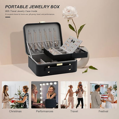 Jewelry Box for Women, Travel Jewelry Organizer Case with Jewelry Tray for Rings Earrings Necklaces Bracelets Watches, Black