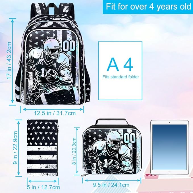 WZLVO 3PCS Rugby School Backpack, 17" Cool UV Printing Boys Football Bookbag/School Bag with Lunch Box & Pencil Bag for Elementary to Middle - Star-Spangled Rugby