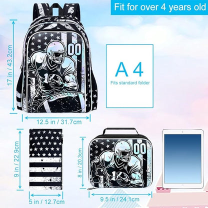 WZLVO 3PCS Rugby School Backpack, 17" Cool UV Printing Boys Football Bookbag/School Bag with Lunch Box & Pencil Bag for Elementary to Middle - Star-Spangled Rugby
