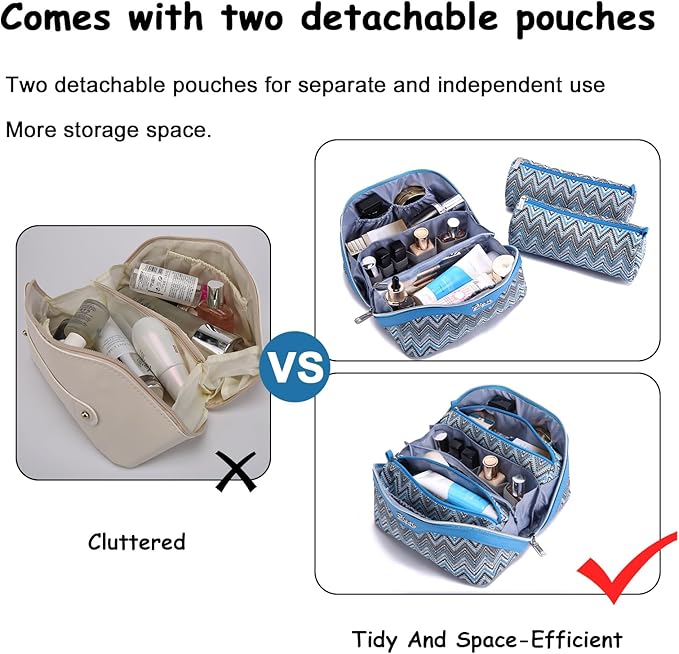 BOYATU Travel Makeup Bag for Women: Western Boho Make up Bag Set of 3 - Large Capacity Vegan Leather Cosmetic Bag - Waterproof Toiletry Bag with Compartments & Handle & Divider(J-4-Blue)