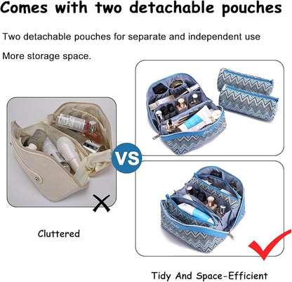 BOYATU Travel Makeup Bag for Women: Western Boho Make up Bag Set of 3 - Large Capacity Vegan Leather Cosmetic Bag - Waterproof Toiletry Bag with Compartments & Handle & Divider(J-4-Blue)