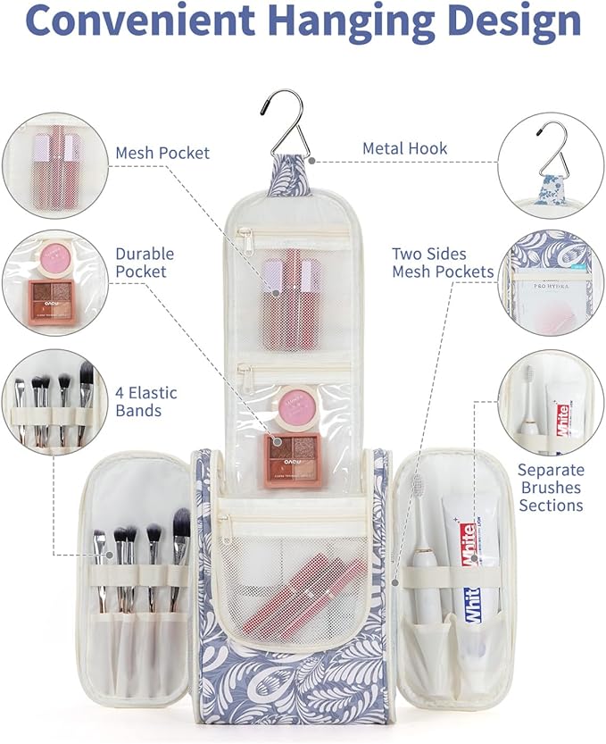 Narwey Small Hanging Toiletry Bag Women Travel Makeup Bag Organizer Toiletries Bag for Travel Size Essentials Accessories Cosmetics (Medium, Blue Leaf)